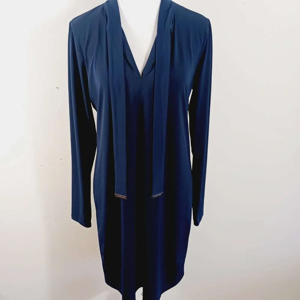 Michael Kors Lightweight Long Sleeve Navy Dress W/ Decorative Tie Neck, SZ Med. - Picture 12 of 16